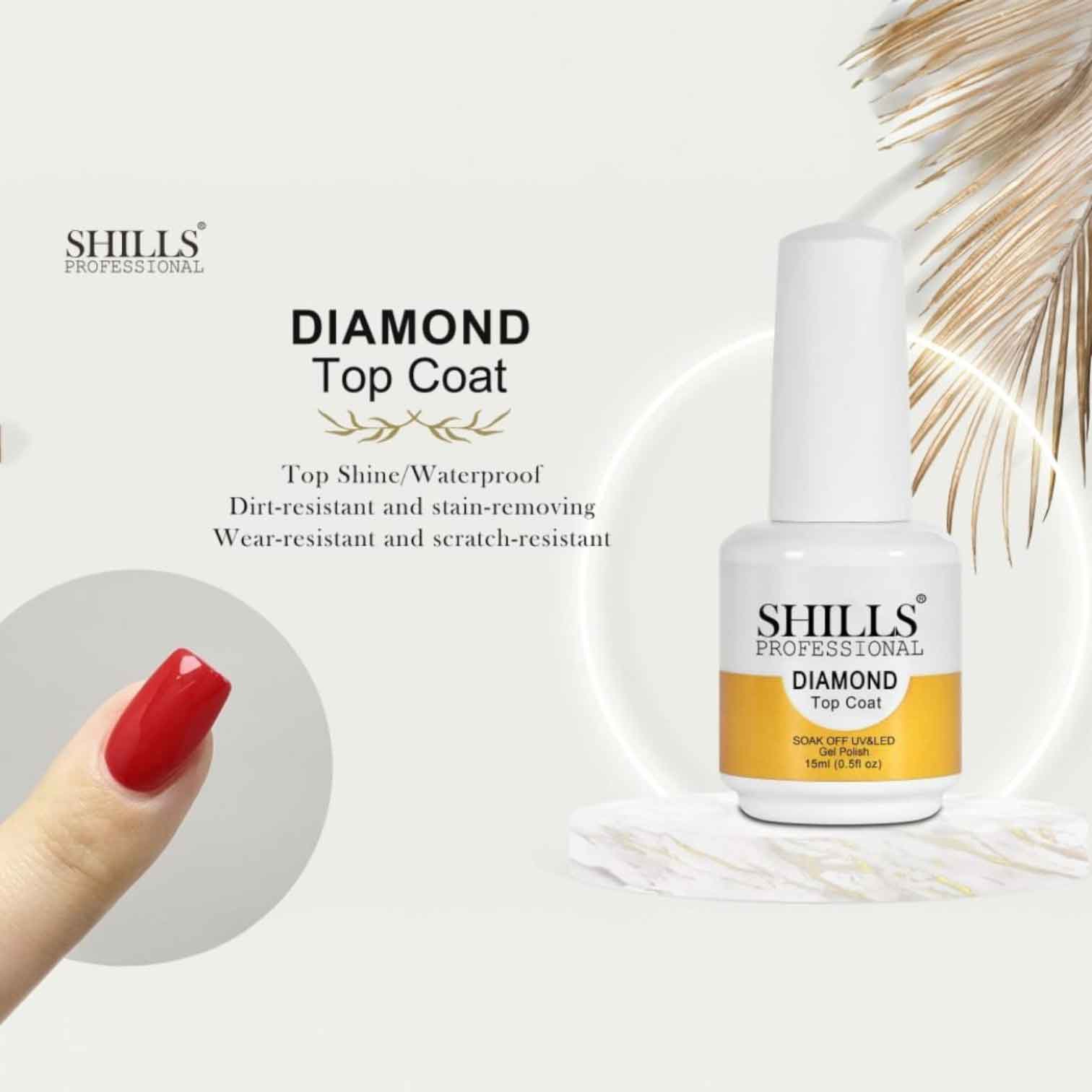 Shills Professional Diamond Top Coat – High Gloss Gel Finish | UV/LED Soak-Off Gel Polish (15ml)