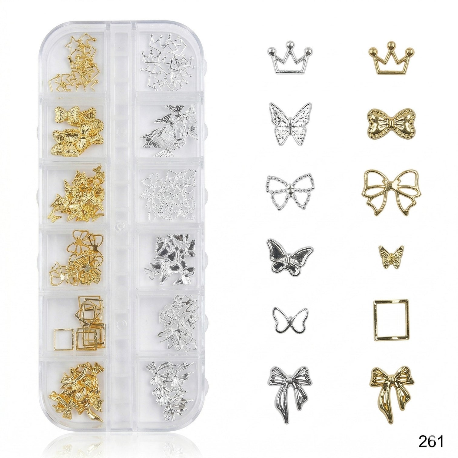 Dual Tone Nail Charms Kit – Gold & Silver Butterfly, Bow & Crown 3D Nail Art Set