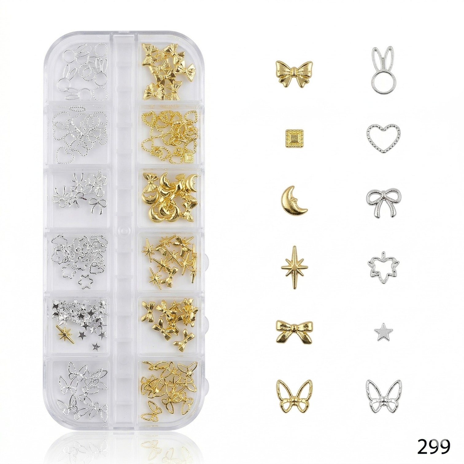 Elegant Nail Charms Kit – Butterfly, Bow, Moon & Star Gold Silver 3D Nail Art Set