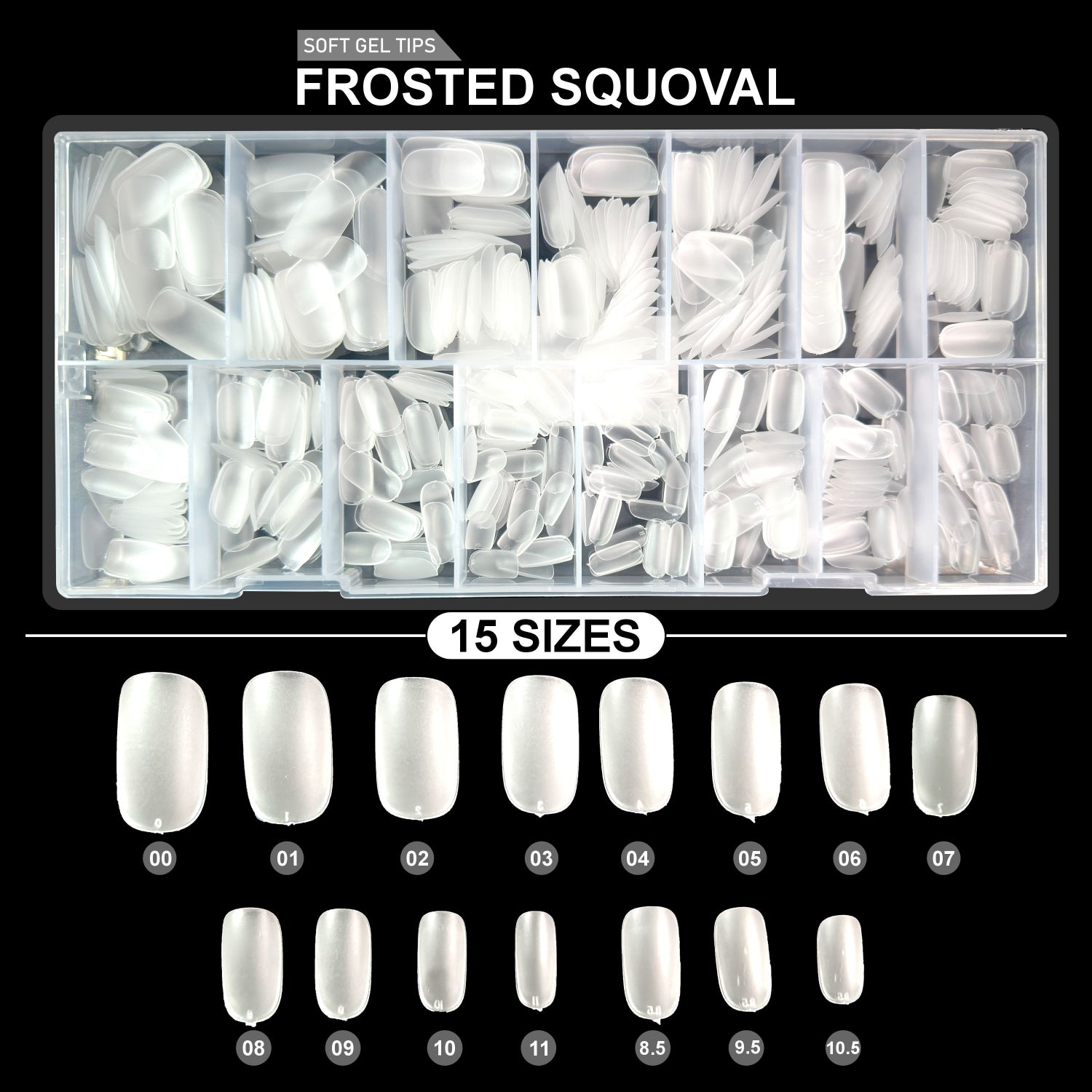 Shills Frosted Squoval Soft Gel Nail Tips 600pcs Clear (Full Cover Extension Tips 15 Sizes PT33)