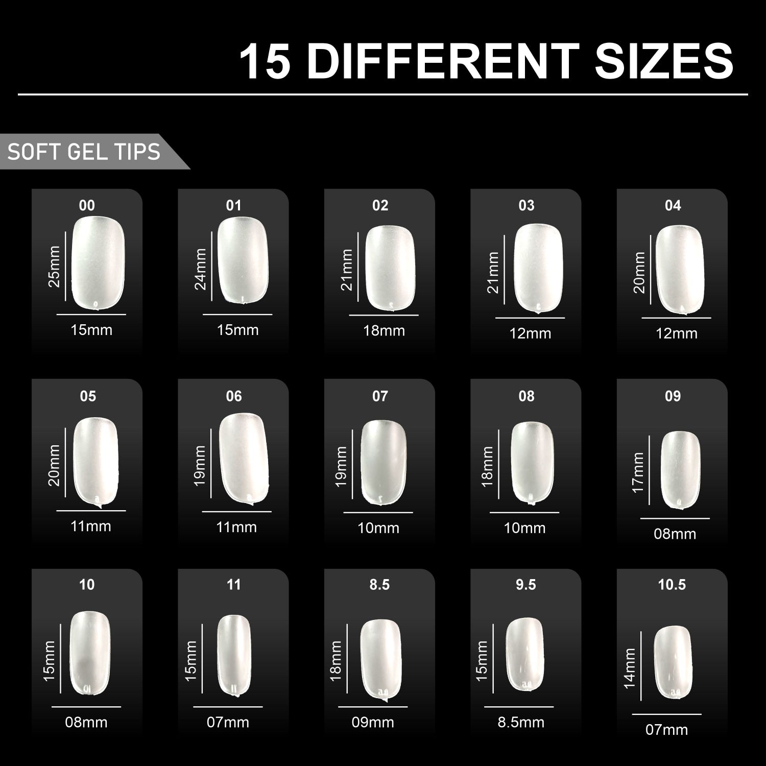 Shills Frosted Squoval Soft Gel Nail Tips 600pcs Clear (Full Cover Extension Tips 15 Sizes PT33)
