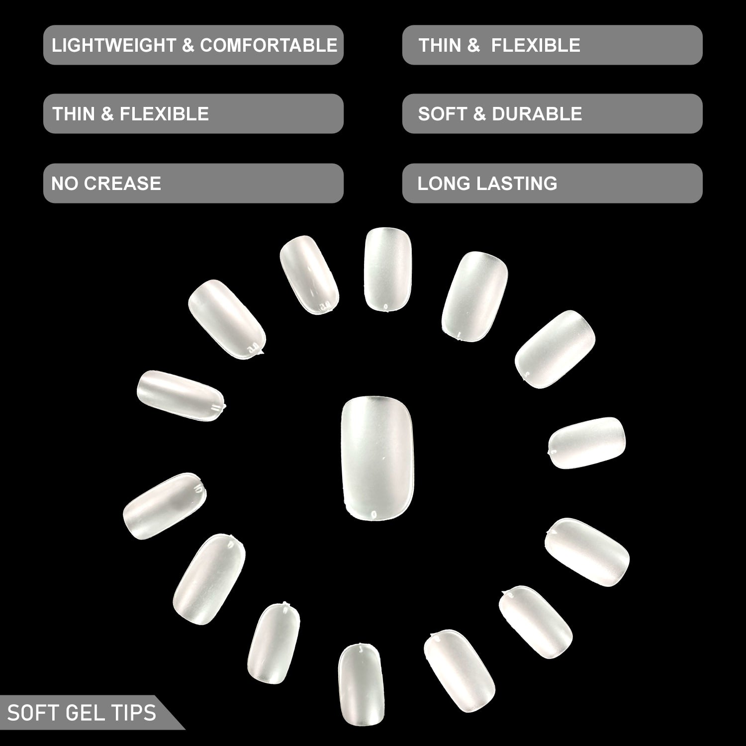 Shills Frosted Squoval Soft Gel Nail Tips 600pcs Clear (Full Cover Extension Tips 15 Sizes PT33)
