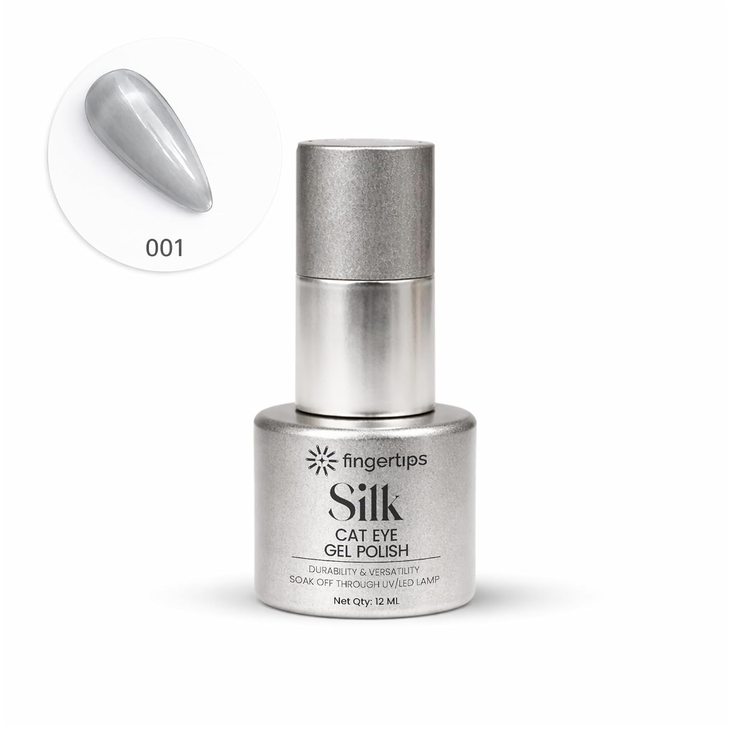 Fingertips Silk Cat Eye Gel Nail Polish Shade 01 - Moonlit Silver | Magnetic Cat Eye UV LED Soak Off Gel Polish | Long Lasting High Shine Glitter Nail Art Gel | Professional Salon Finish | 12ml