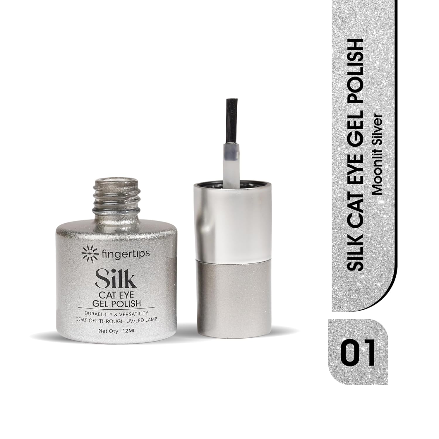 Fingertips Silk Cat Eye Gel Nail Polish Shade 01 - Moonlit Silver | Magnetic Cat Eye UV LED Soak Off Gel Polish | Long Lasting High Shine Glitter Nail Art Gel | Professional Salon Finish | 12ml