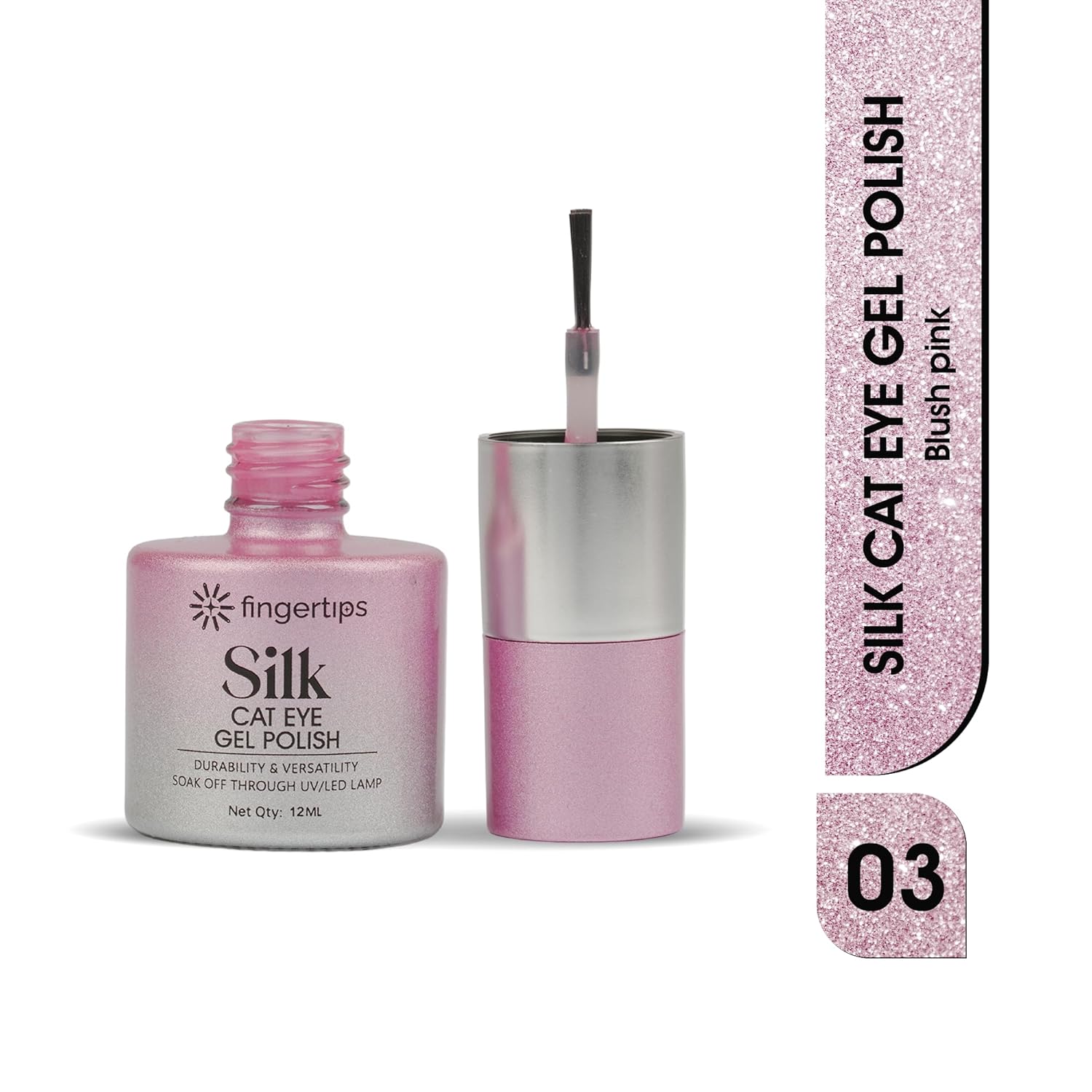 Fingertips Silk Cat Eye Gel Nail Polish Shade 03 - Blush Pink | Magnetic Cat Eye UV LED Soak Off Gel Polish | Long Lasting High Shine Glitter Nail Art Gel | Professional Salon Finish | 12ml