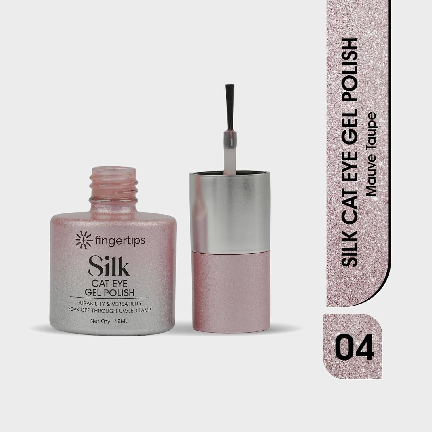 Fingertips Silk Cat Eye Gel Nail Polish Shade 04 - Mauve Taupe | Magnetic Cat Eye UV LED Soak Off Gel Polish | Long Lasting High Shine Glitter Nail Art Gel | Professional Salon Finish | 12ml