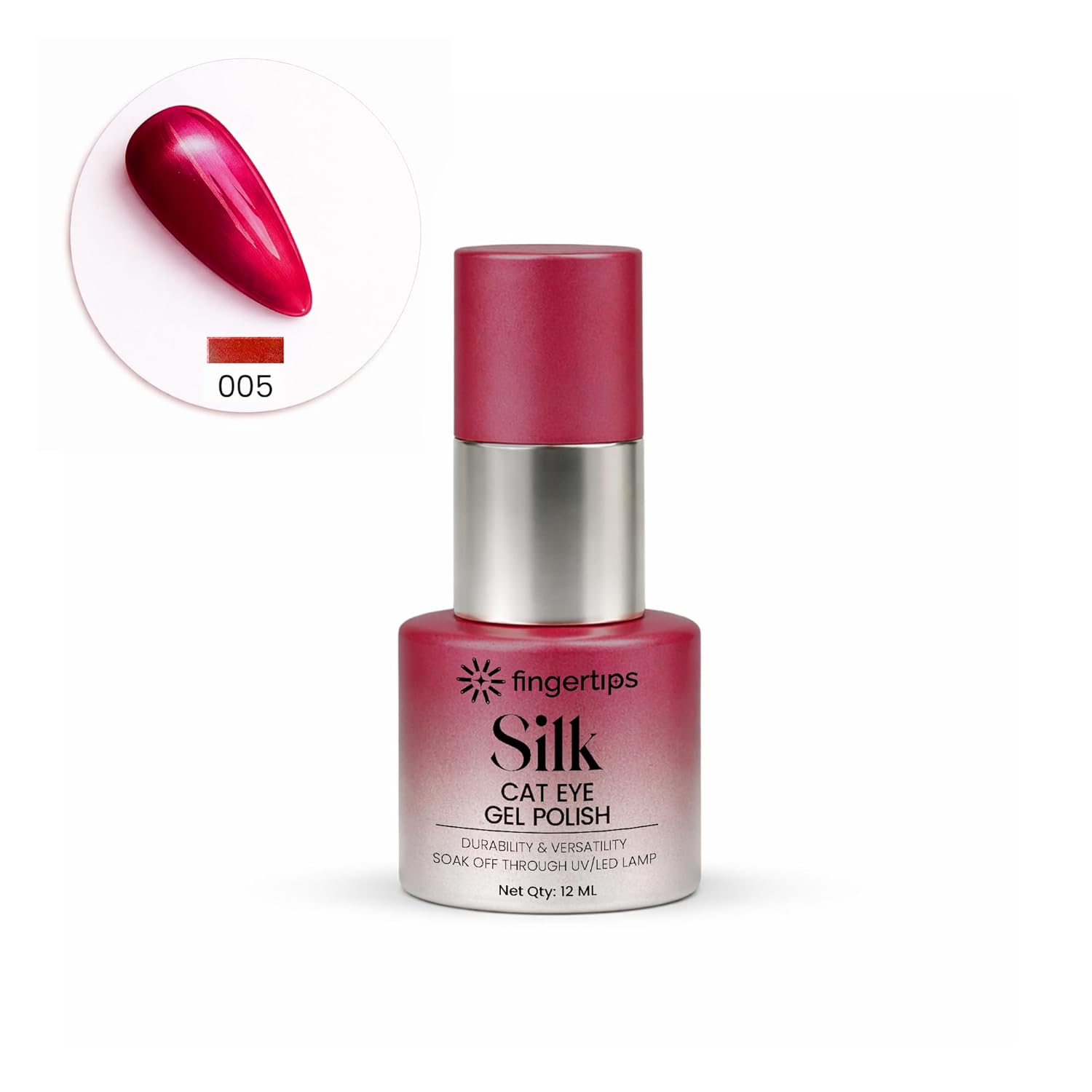 Fingertips Silk Cat Eye Gel Nail Polish Shade 06 - Garnet Red | Magnetic Cat Eye UV LED Soak Off Gel Polish | Long Lasting High Shine Glitter Nail Art Gel | Professional Salon Finish | 12ml