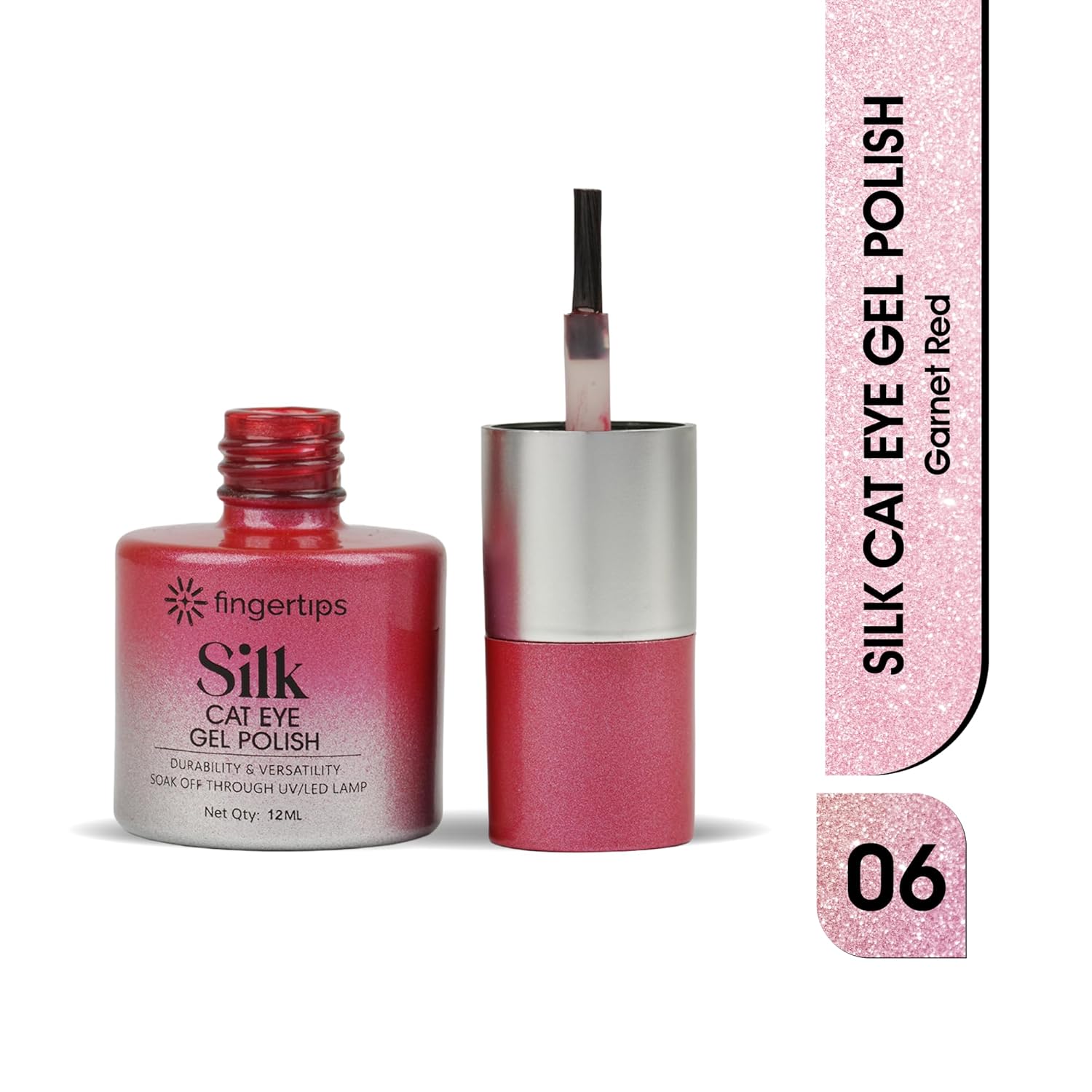 Fingertips Silk Cat Eye Gel Nail Polish Shade 06 - Garnet Red | Magnetic Cat Eye UV LED Soak Off Gel Polish | Long Lasting High Shine Glitter Nail Art Gel | Professional Salon Finish | 12ml