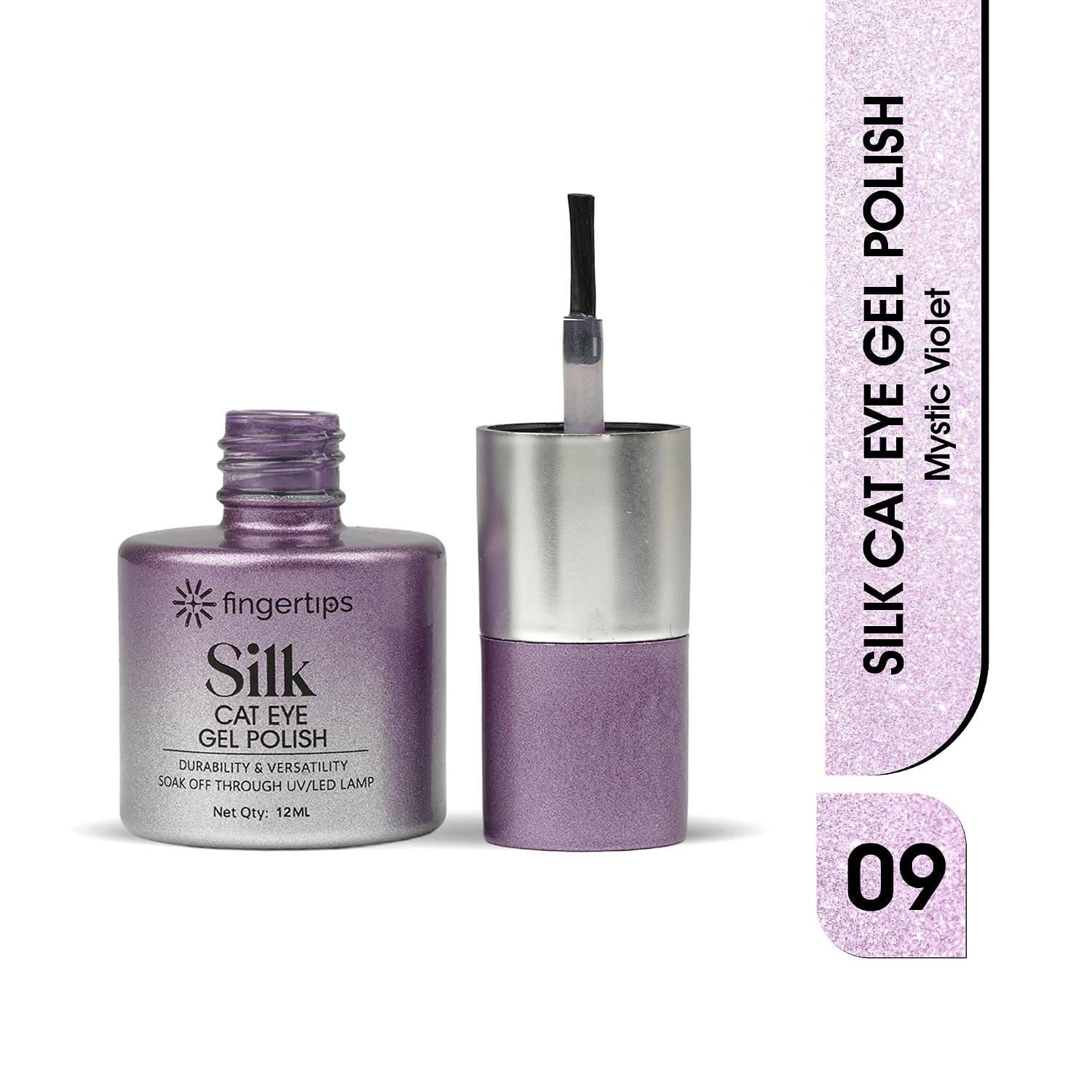 Fingertips Silk Cat Eye Gel Nail Polish Shade 09 - Mystic Violet | Magnetic Cat Eye UV LED Soak Off Gel Polish | Long Lasting Glitter Nail Art Gel | Professional Salon Finish | 12ml