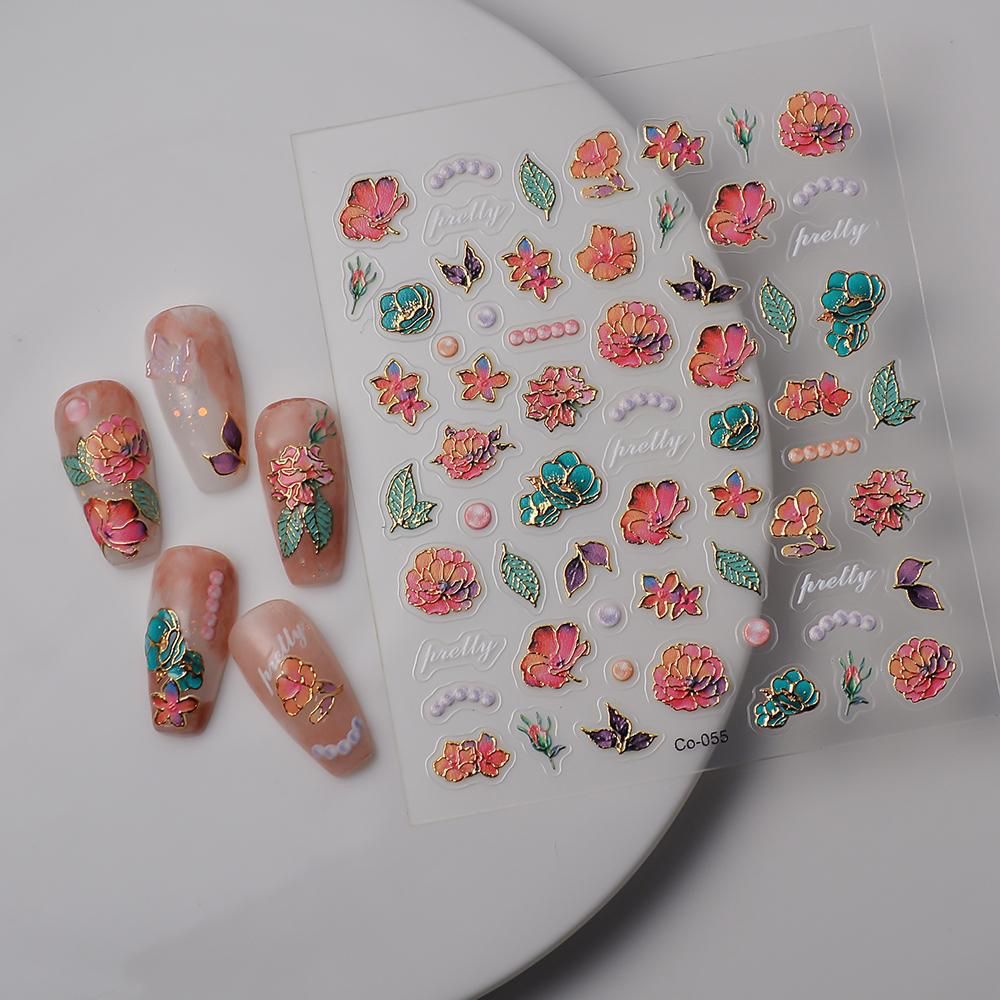 Floral Gold Nail Art Stickers – 3D Colorful Flower & Leaf Nail Decals