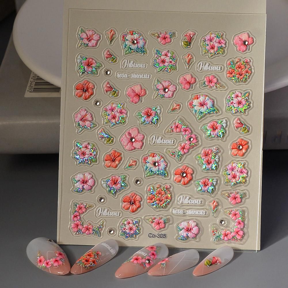 Hibiscus Nail Art Stickers – 3D Tropical Flower Nail Decals for Summer Nails