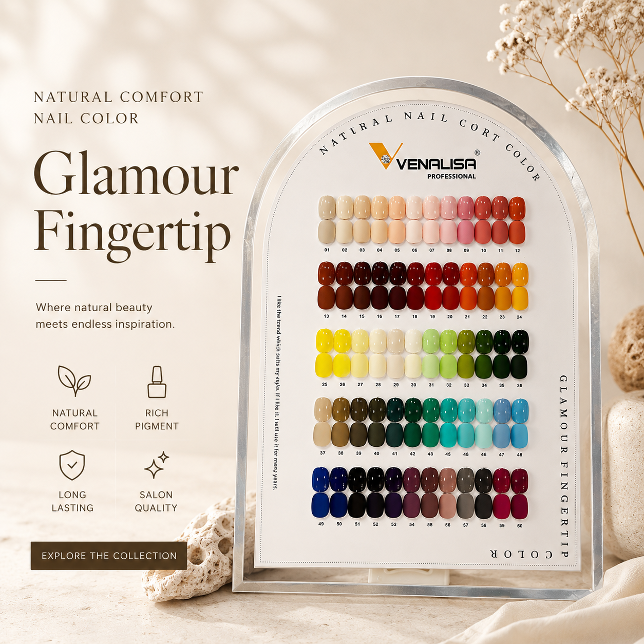 VENALISA 60-Color Gel Polish Display Chart with Matching Gel Polish Collection(Base Coat & Top Coat Free) Hema Free Kit