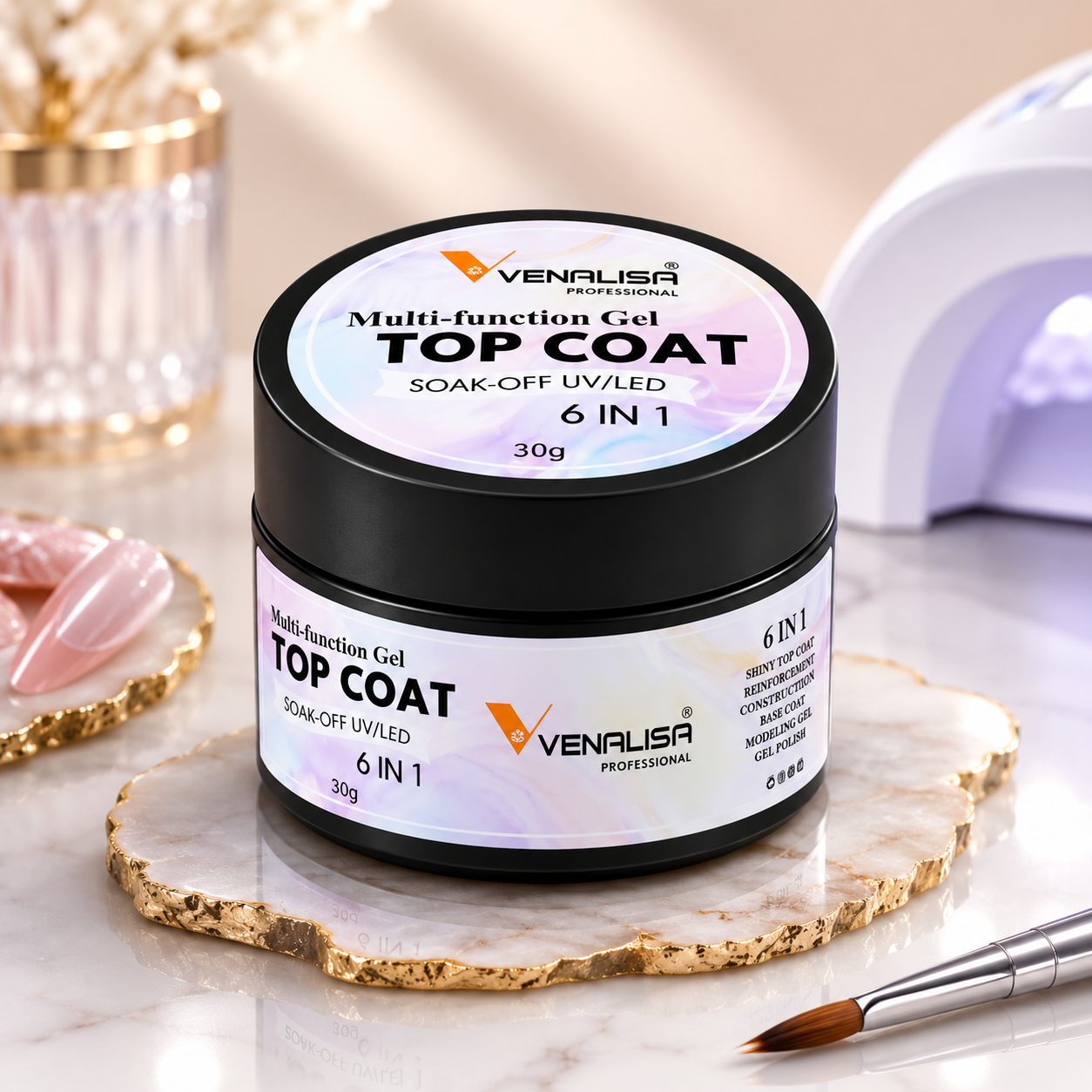 Venalisa 6-in-1 Top Coat UV/LED – Shiny Top Coat, Gel Builder, Hard Gel, Molding Gel & Rhinestone Glue | Long-Lasting Nail Gel Finish