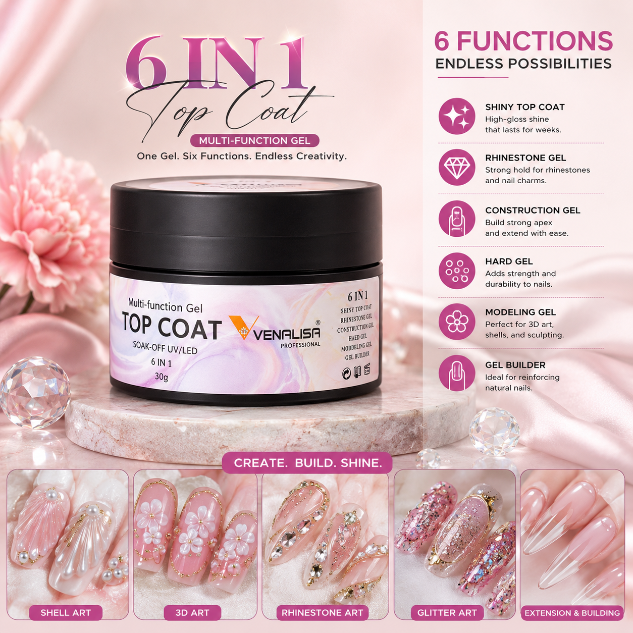 Venalisa 6-in-1 Top Coat UV/LED – Shiny Top Coat, Gel Builder, Hard Gel, Molding Gel & Rhinestone Glue | Long-Lasting Nail Gel Finish