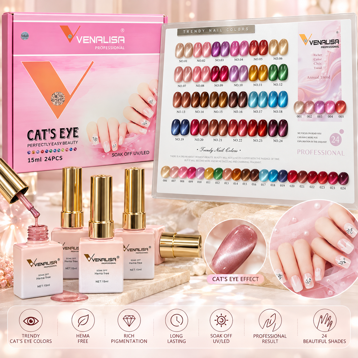 Venalisa Professional Cat’s Eye Gel Polish Set – 24 Shades | 15ml Each | HEMA Free | UV/LED Soak Off