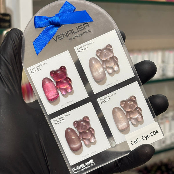 Venalisa Cat Eye Gel Polish Set S04 – 4Pcs Magnetic Cat Eye Colors with 3D Bear Nail Charms | Professional Nail Art Kit