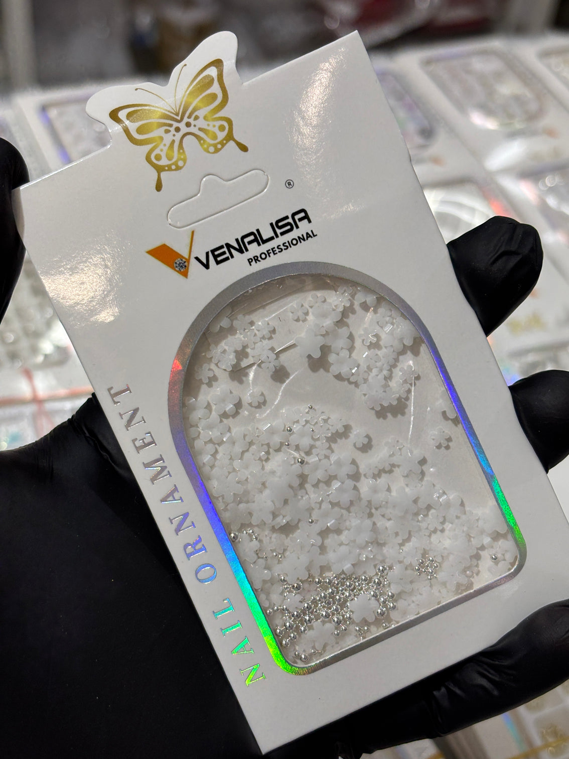 Venalisa White Flower Nail Ornaments – 3D Floral Mix with Silver Micro Beads | Luxury Nail Art Decoration Set