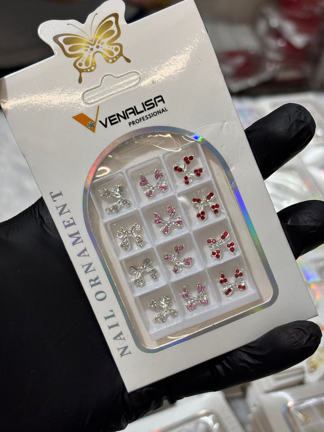 Venalisa Rhinestone Bow Nail Charms – 12 PCS Pink & Red Crystal 3D Bow Ornaments | Luxury Nail Art Accessories