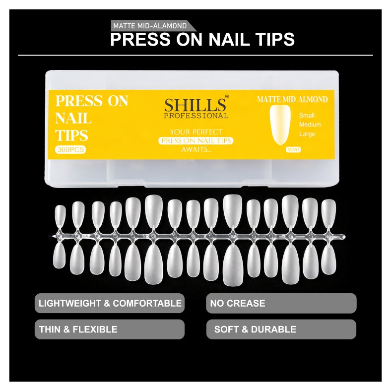 Shills Professional Press On Nail Tips 300pcs Matte Mid Almond (Full Cover Artificial Nails Set)