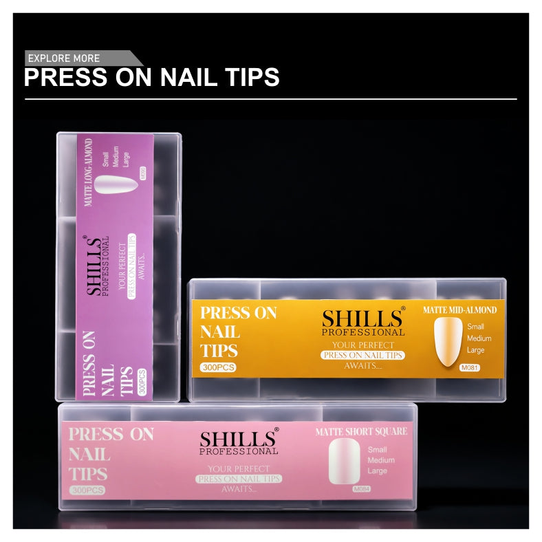 Shills Professional Press On Nail Tips 300pcs Matte Mid Almond (Full Cover Artificial Nails Set)