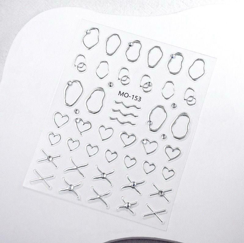 Minimal Transparent Nail Art Stickers – 3D Chrome Outline Heart & Abstract Nail Decals