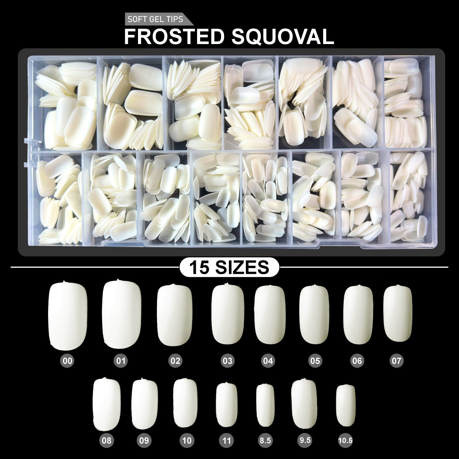 Shills Frosted Squoval Soft Gel Nail Tips 600pcs Natural (Full Cover Extension Tips 15 Sizes PT33)