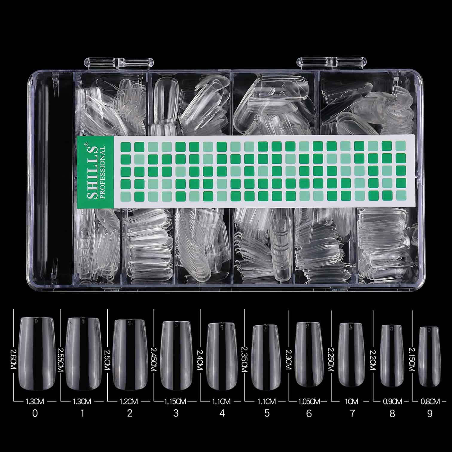 Shills Professional Soft Gel Square Nail Tips – 550pcs Clear Full Cover Tips (PT-12) | 10 Sizes (0–9) | Soak-Off Gel Tips for Extensions & Press-On Nails