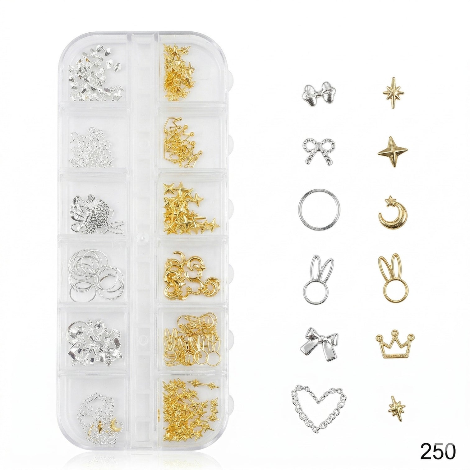 Premium Gold & Silver Nail Charms Kit – Mixed 3D Nail Art Decoration Box
