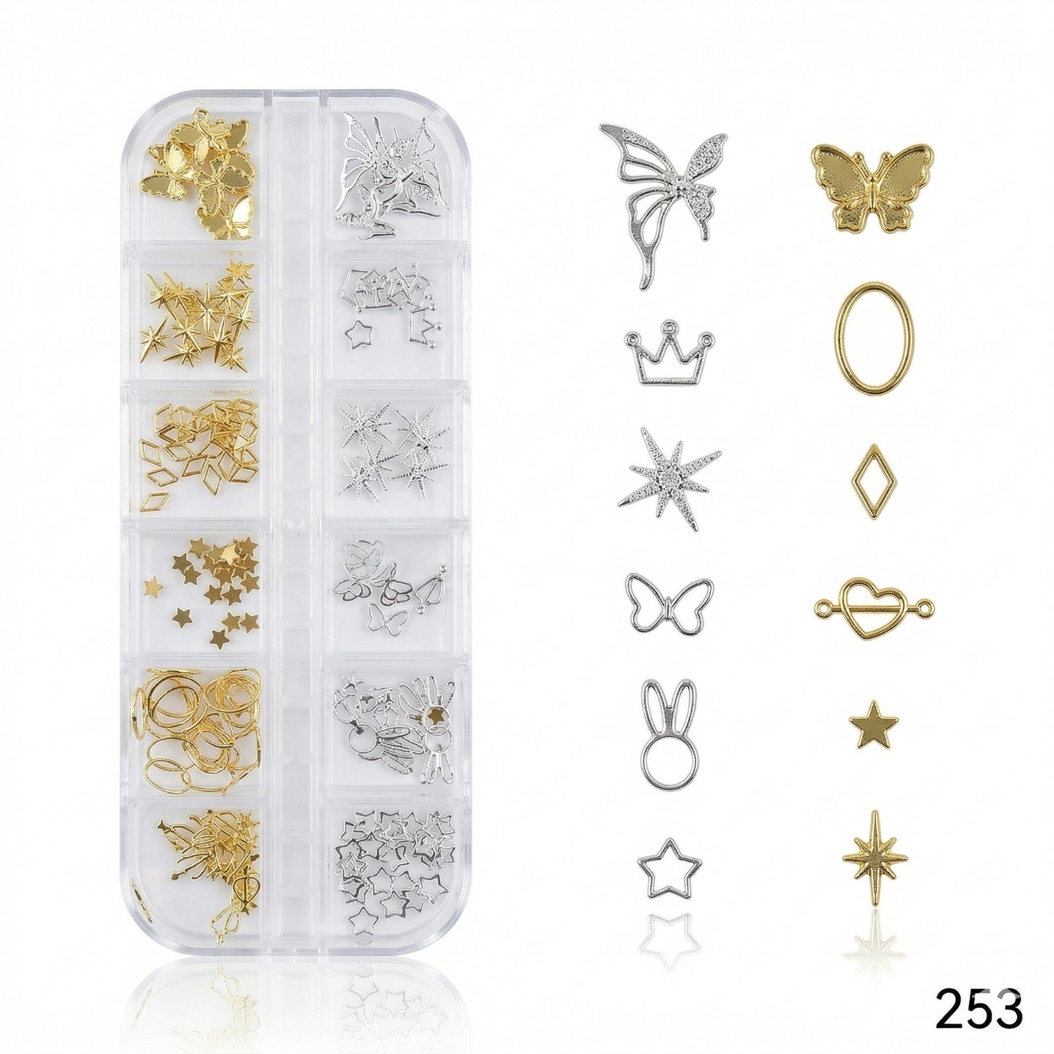 Premium Nail Charms Kit – Gold & Silver Star, Crown, Butterfly & Geometric 3D Nail Art Set