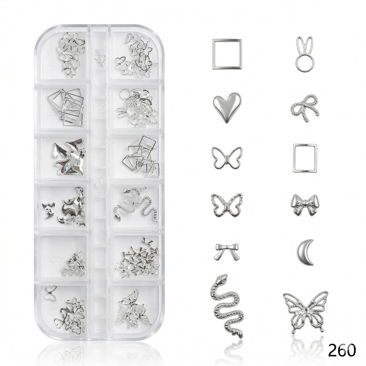 Premium Silver Nail Charms Kit – Butterfly, Heart, Bow & Snake 3D Nail Art Set