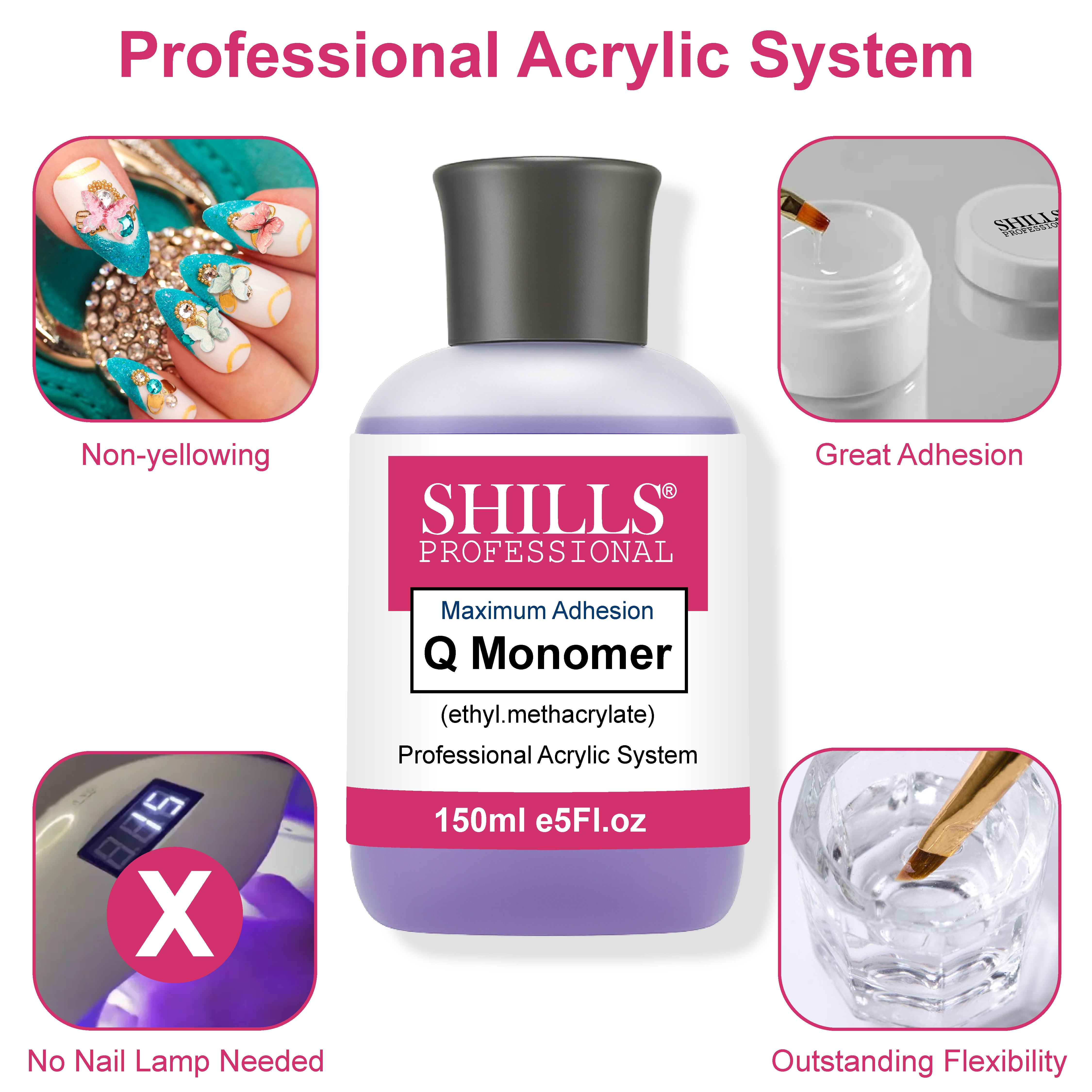 Shills Professional Acrylic Liquid Monomer – 150ml Non-Yellowing Formula for Acrylic Nail Extensions & Sculpting