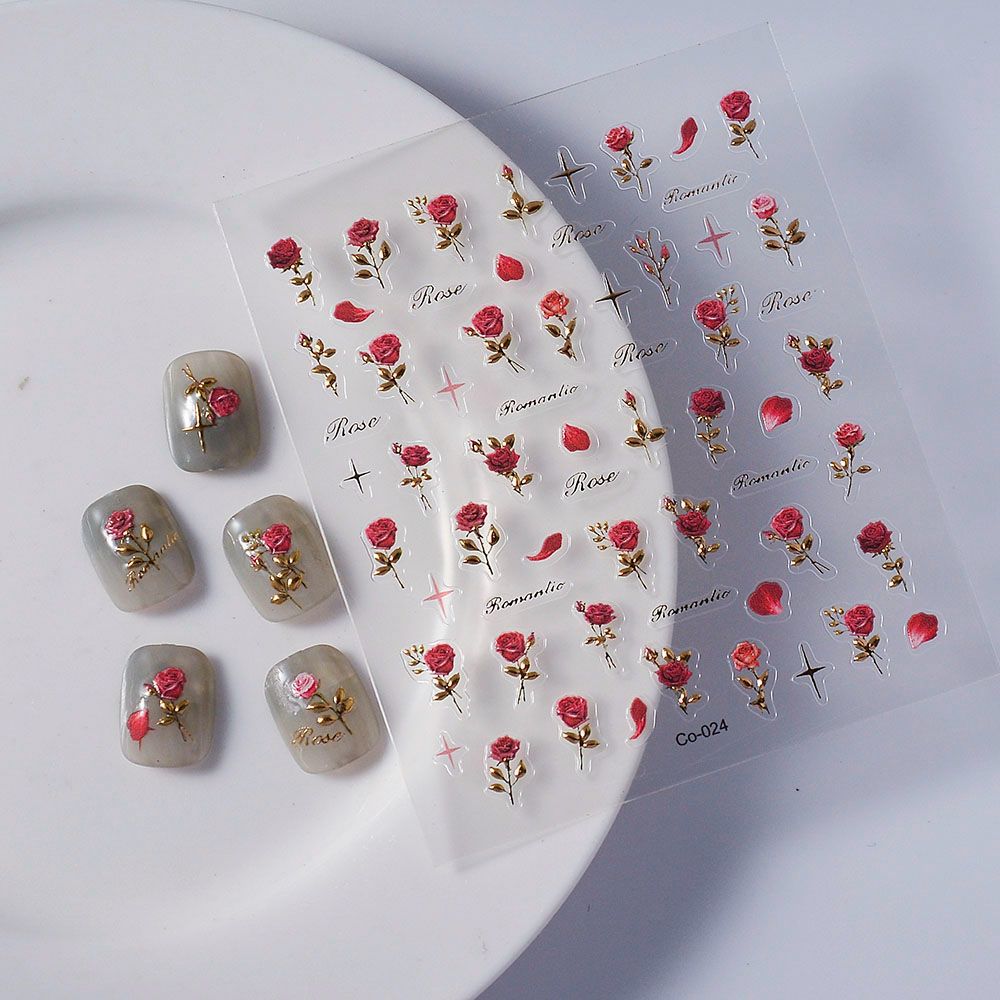 Romantic Rose Nail Art Stickers – 3D Red Rose & Gold Leaf Nail Decals