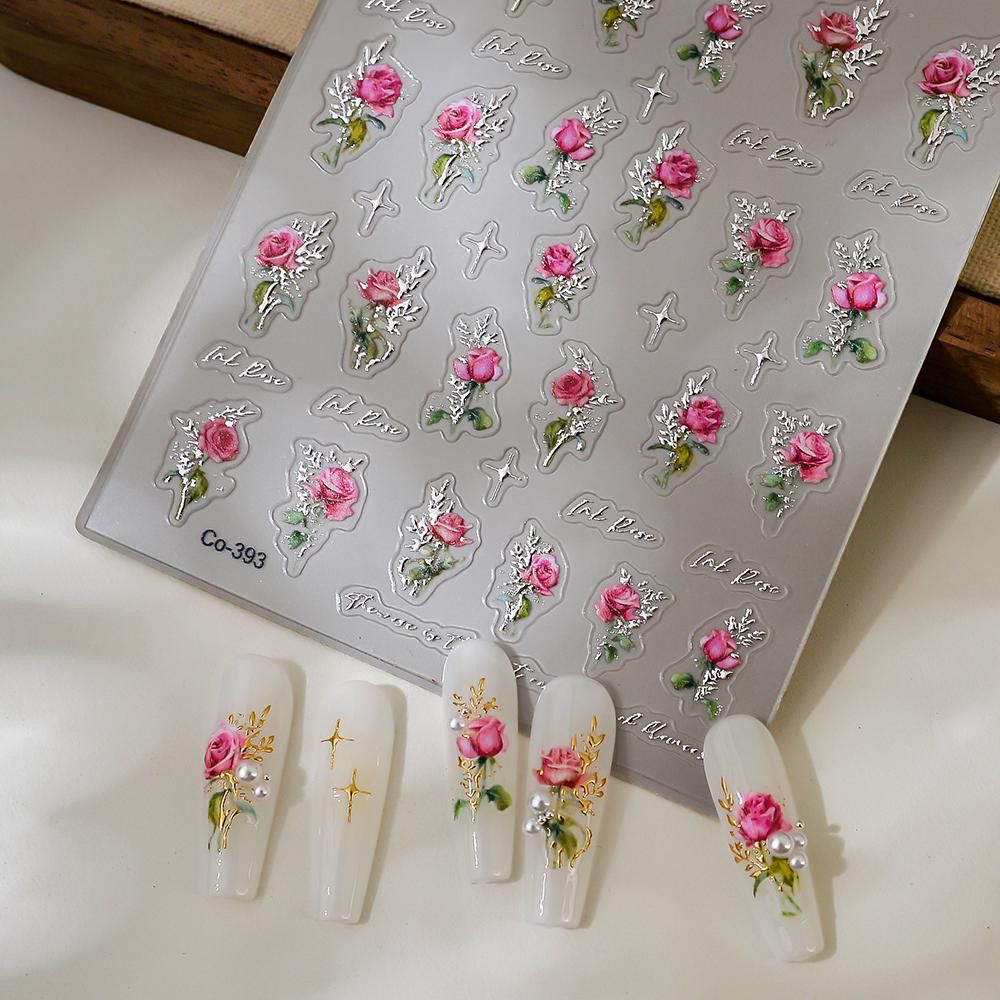 Rose Floral Nail Art Stickers – 3D Pink Flower Nail Decals with Gold Leaf Design