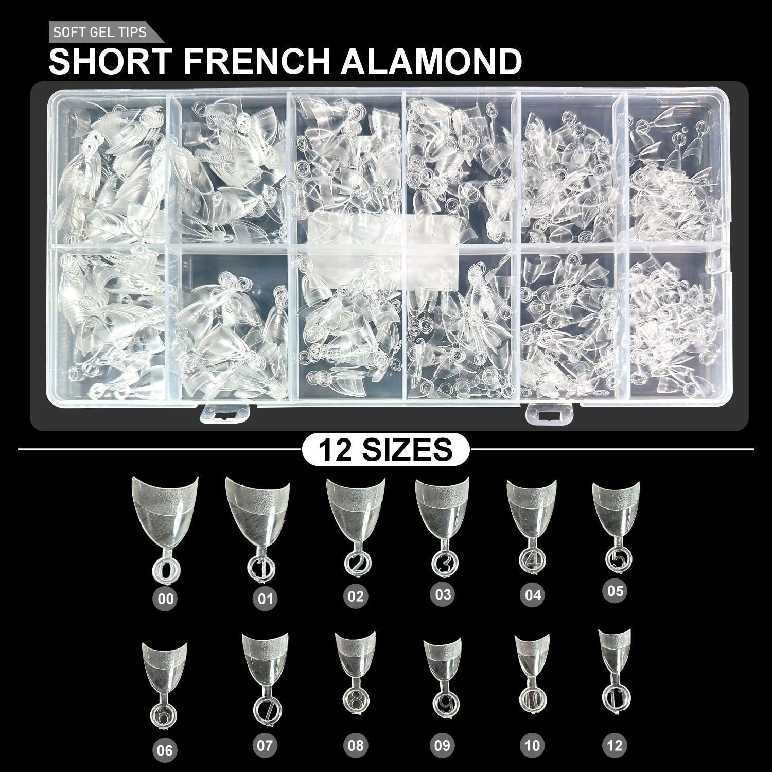 Shills Short French Almond Soft Gel Nail Tips 600pcs Clear (Full Cover Nail Extension Tips 12 Sizes)