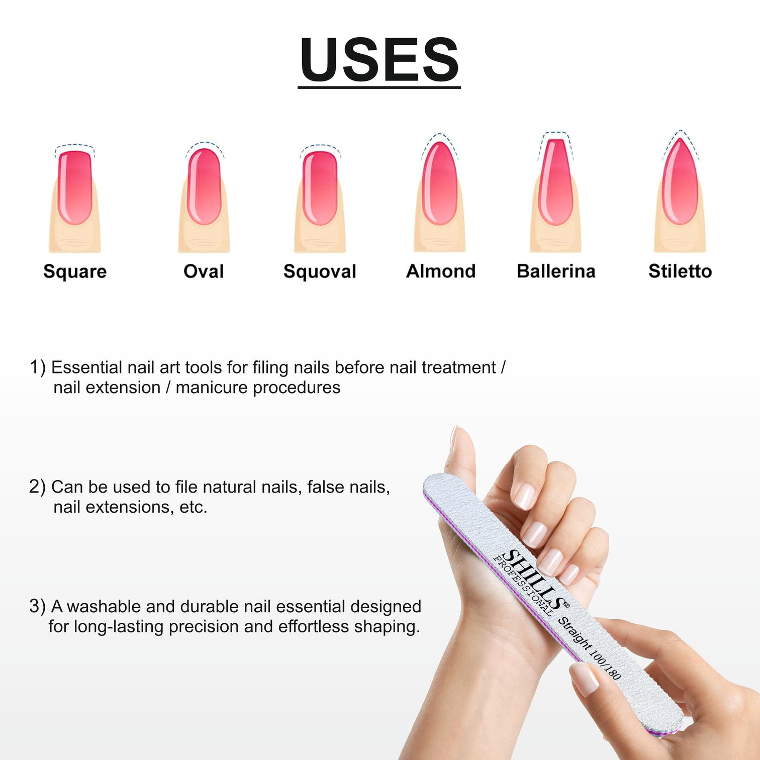 Shills Professional 100/180 Grit Nail File – Pack of 5 Double-Sided Emery Boards for Gel, Acrylic & Natural Nails