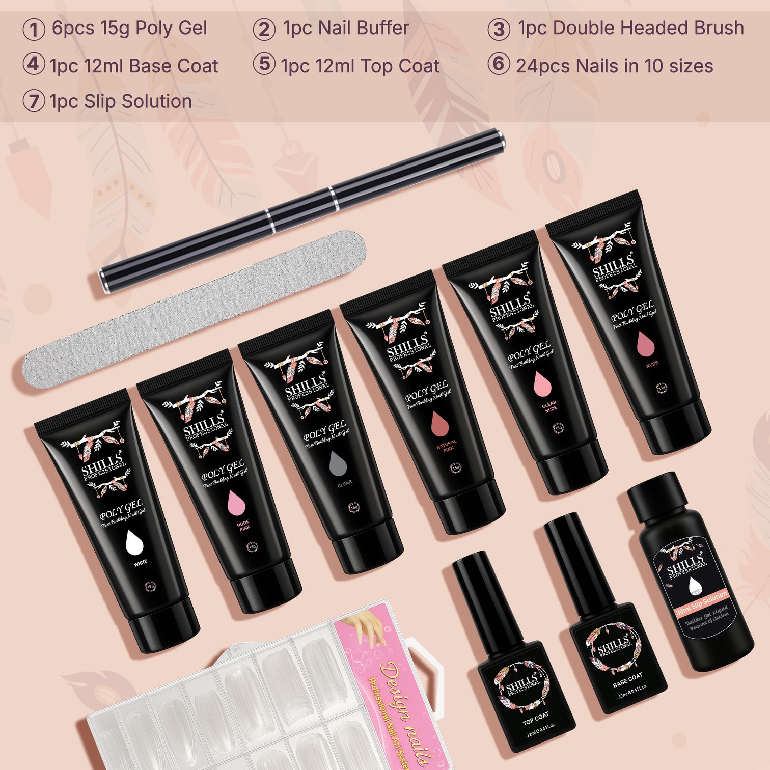 Shills Professional Poly Gel Nail Kit – Complete Builder Set with Slip Solution, Nail Tips & Dual-Ended Brush