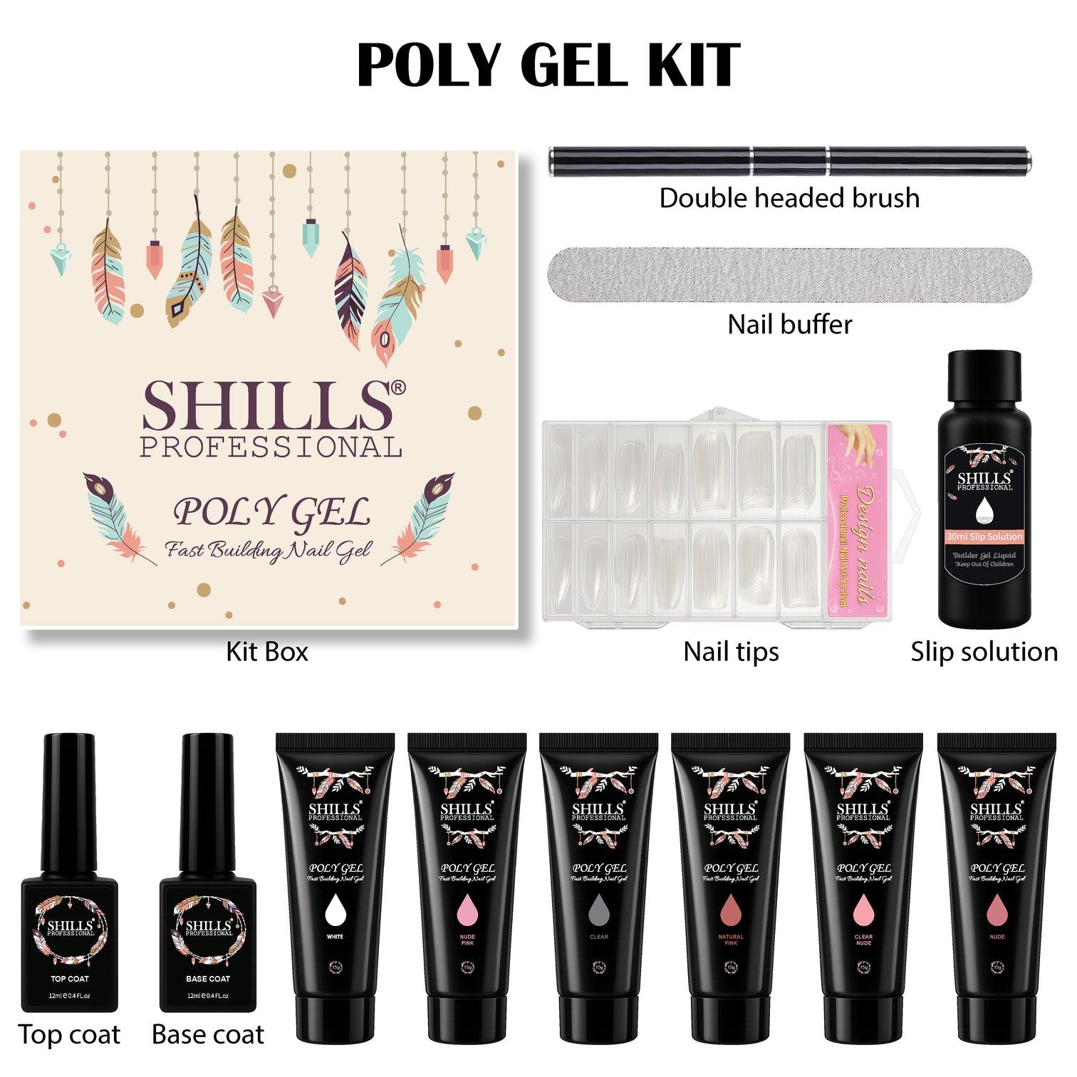 Shills Professional Poly Gel Nail Kit – Complete Builder Set with Slip Solution, Nail Tips & Dual-Ended Brush