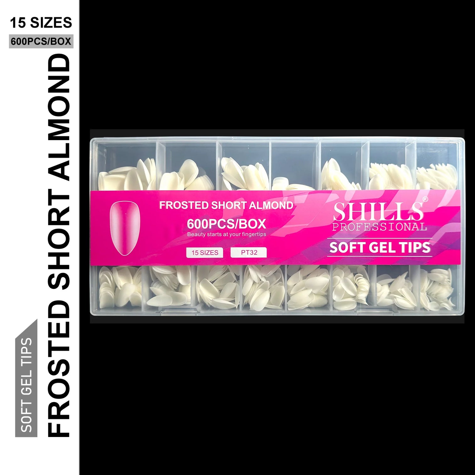 Shills Frosted Short Almond Soft Gel Nail Tips 600pcs Natural (Full Cover Extension Tips 15 Sizes)