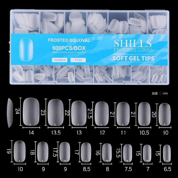 Shills Frosted Squoval Soft Gel Nail Tips 600pcs Clear (Full Cover Extension Tips 15 Sizes PT33)