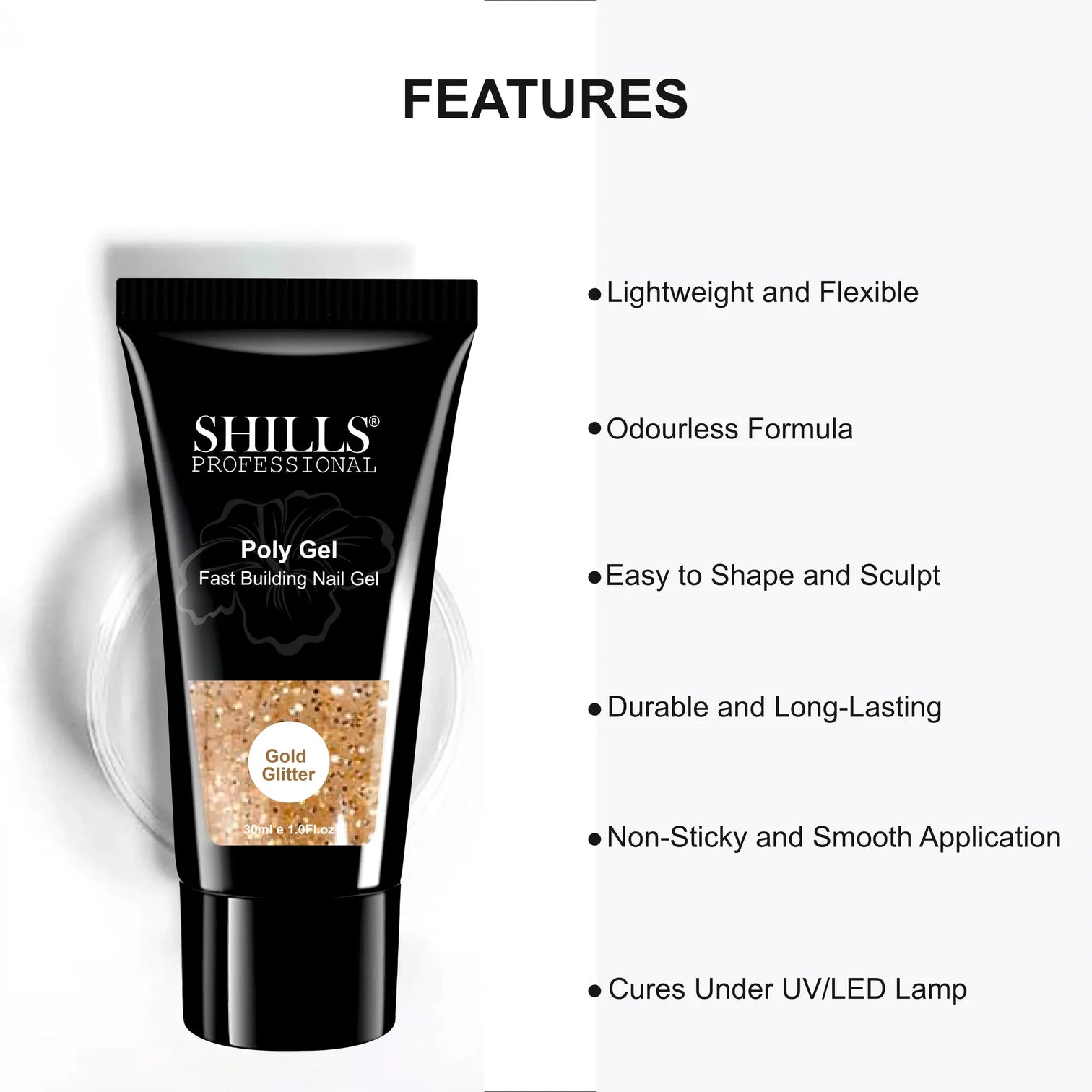 Shills Gold Glitter Poly Nail Gel – Fast Building Nail Extension Gel (30ml)