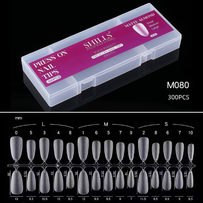 Shills Matte Almond Press On Nail Tips 300pcs (Full Cover Artificial Nails Set Small Medium Large)