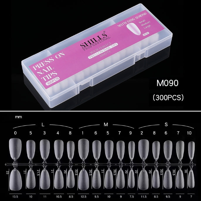 Shills Matte Long Almond Press On Nail Tips 300pcs (Full Cover Artificial Nails Set S M L)