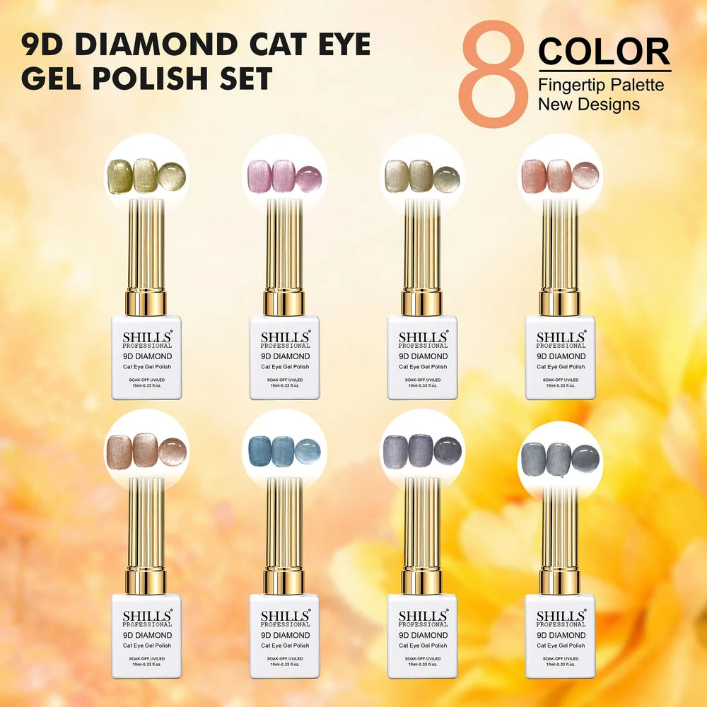 Shills Professional 9D Diamond Cat Eye Gel Polish Set | 8 Colors x 10ml