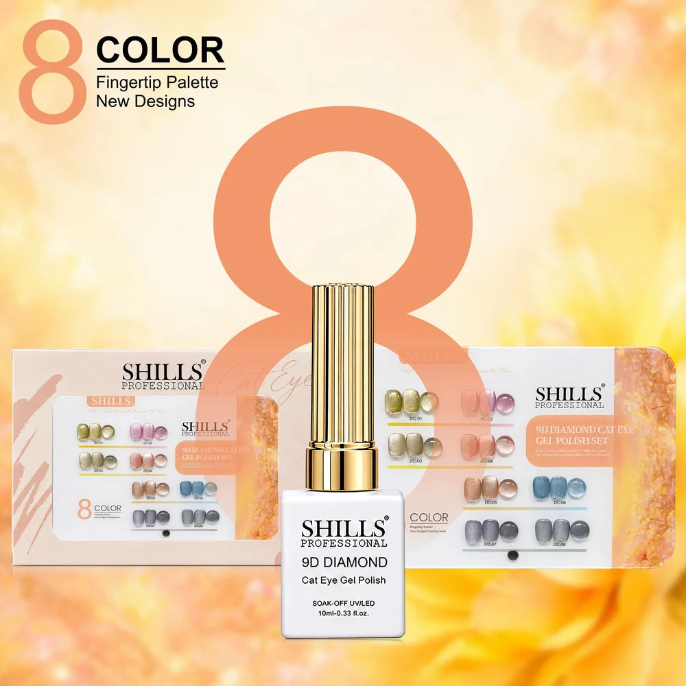 Shills Professional 9D Diamond Cat Eye Gel Polish Set | 8 Colors x 10ml