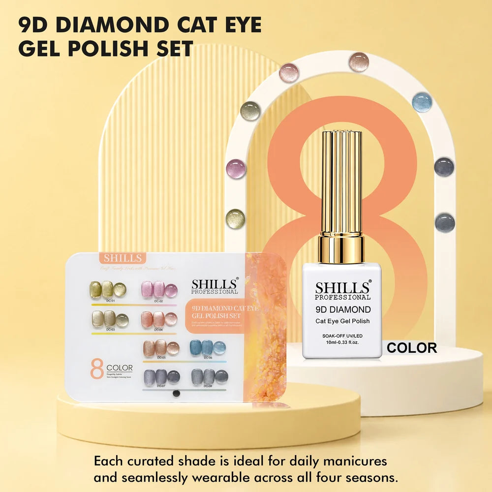Shills Professional 9D Diamond Cat Eye Gel Polish Set | 8 Colors x 10ml
