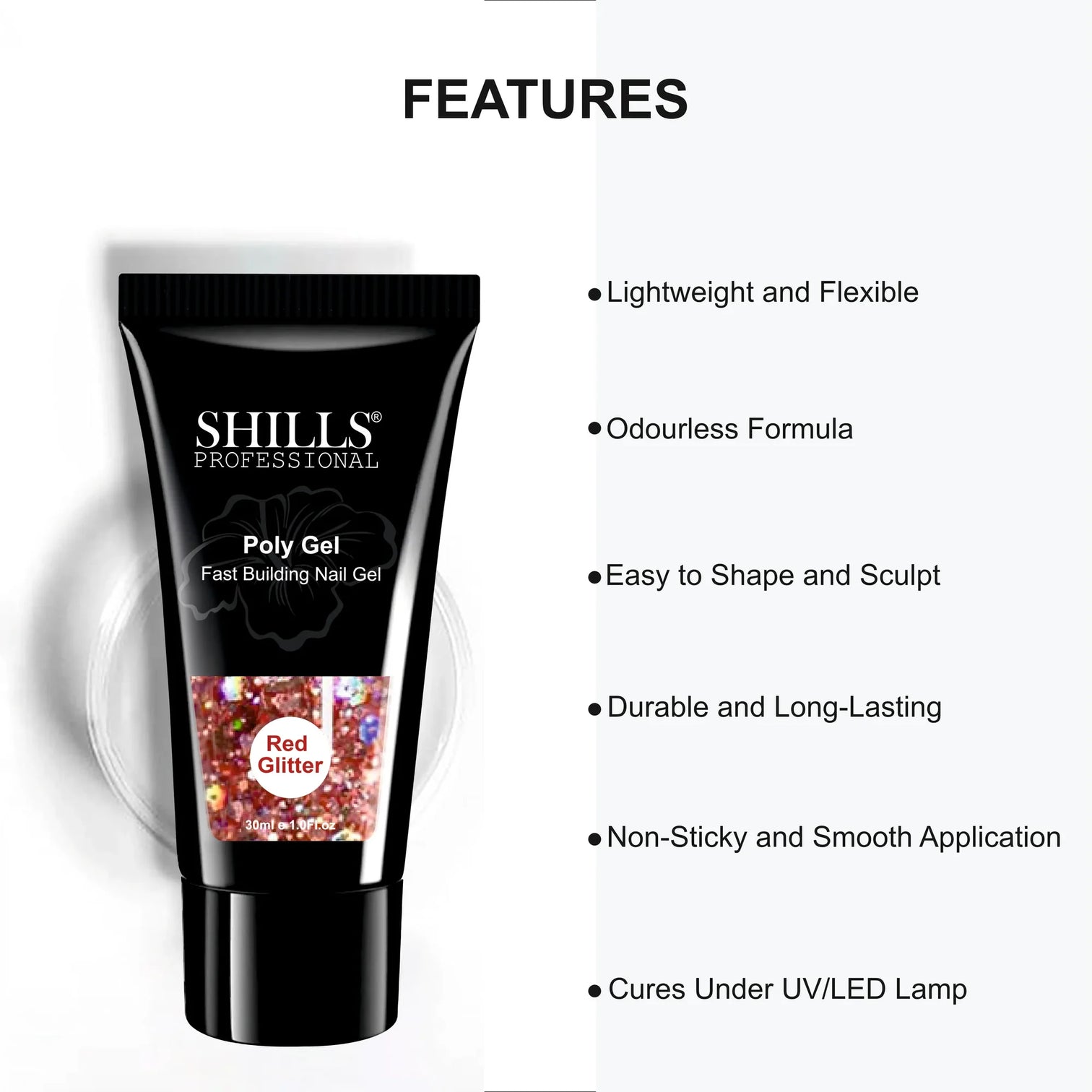 Shills Red Glitter Poly Nail Gel – Fast Building Nail Extension Gel (30ml)