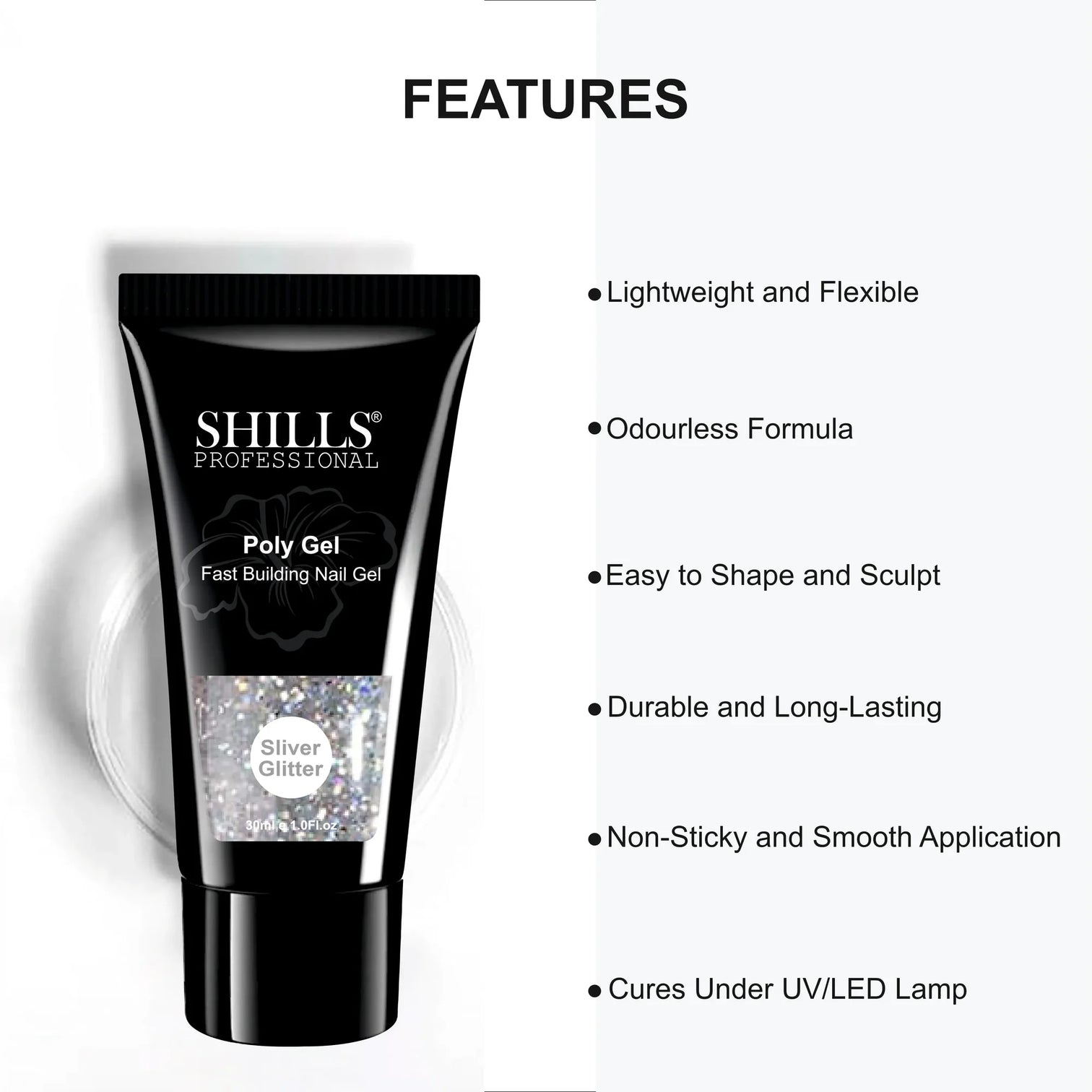 Shills Silver Glitter Poly Nail Gel – Fast Building Nail Extension Gel (30ml)