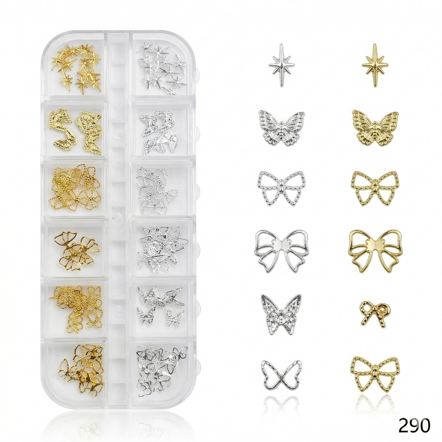 Premium Nail Charms Kit – Star, Butterfly, Bow & Seahorse Gold Silver 3D Nail Art Set