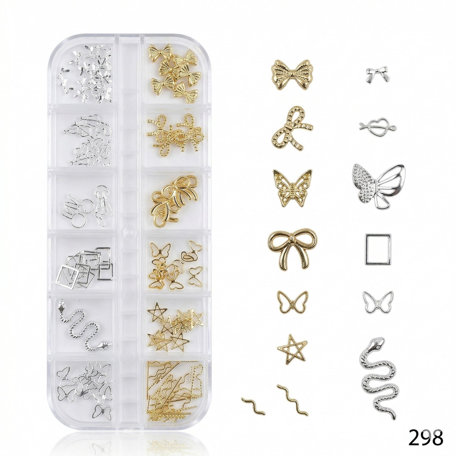 Trendy Nail Charms Kit – Gold & Silver Butterfly, Bow, Star & Snake 3D Nail Art Set