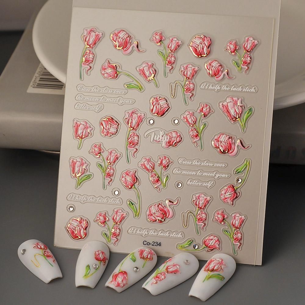 Tulip Nail Art Stickers – 3D Floral Pink Tulip Nail Decals for Elegant Nails